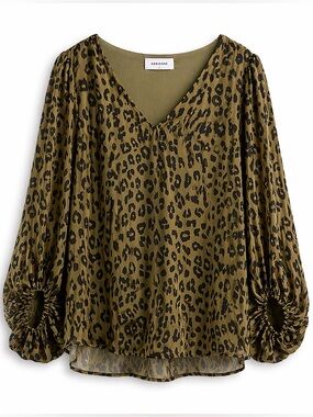 Adrienne Leopard Print Blouse L Sheer Flowy Balloon Sleeve Top Trendy Spring